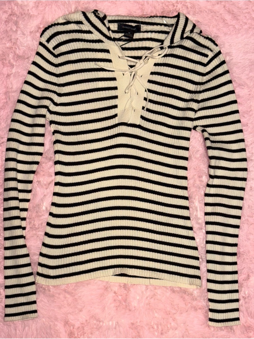 SANCTUARY Black & Cream Striped Lace-Up Open Back Sweater XS NWT